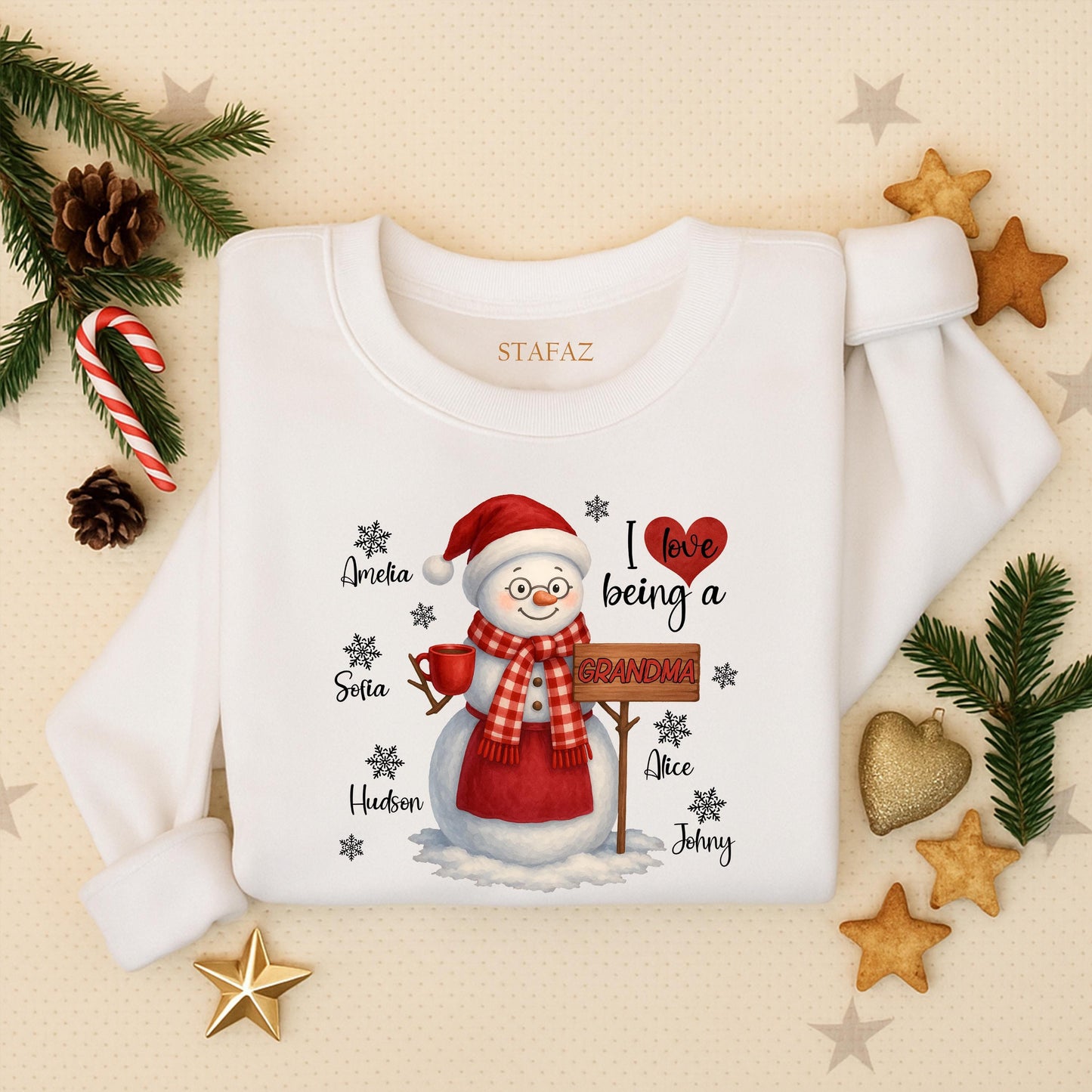 Personalized Grandma Christmas Snowman Sweatshirt with Grandchildren's Names, a cozy holiday sweater for Mom, a loving 'I ❤️ being a Grandma' shirt