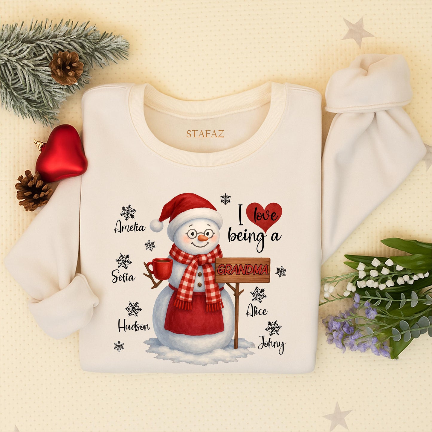 Personalized Grandma Christmas Snowman Sweatshirt with Grandchildren's Names, a cozy holiday sweater for Mom, a loving 'I ❤️ being a Grandma' shirt
