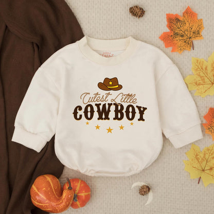 Cutest Little Cowboy Romper Vintage Western Baby Bodysuit Country Sweatshirt Gender Neutral Newborn Clothes Shower Gift with Star Hat Design
