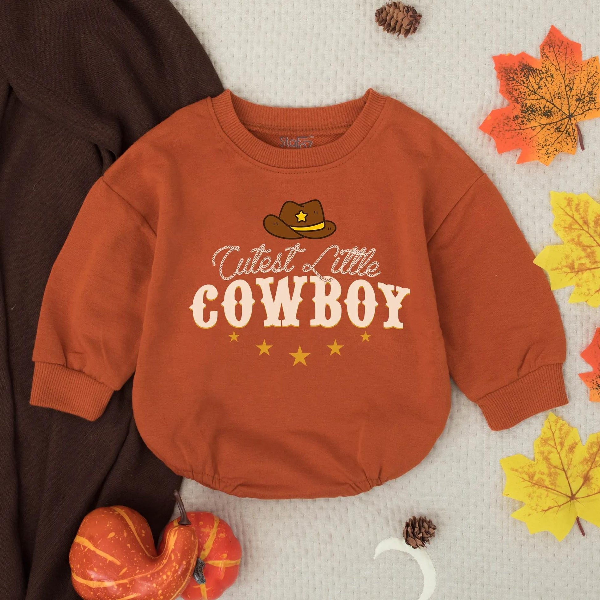 Cutest Little Cowboy Romper Vintage Western Baby Bodysuit Country Sweatshirt Gender Neutral Newborn Clothes Shower Gift with Star Hat Design