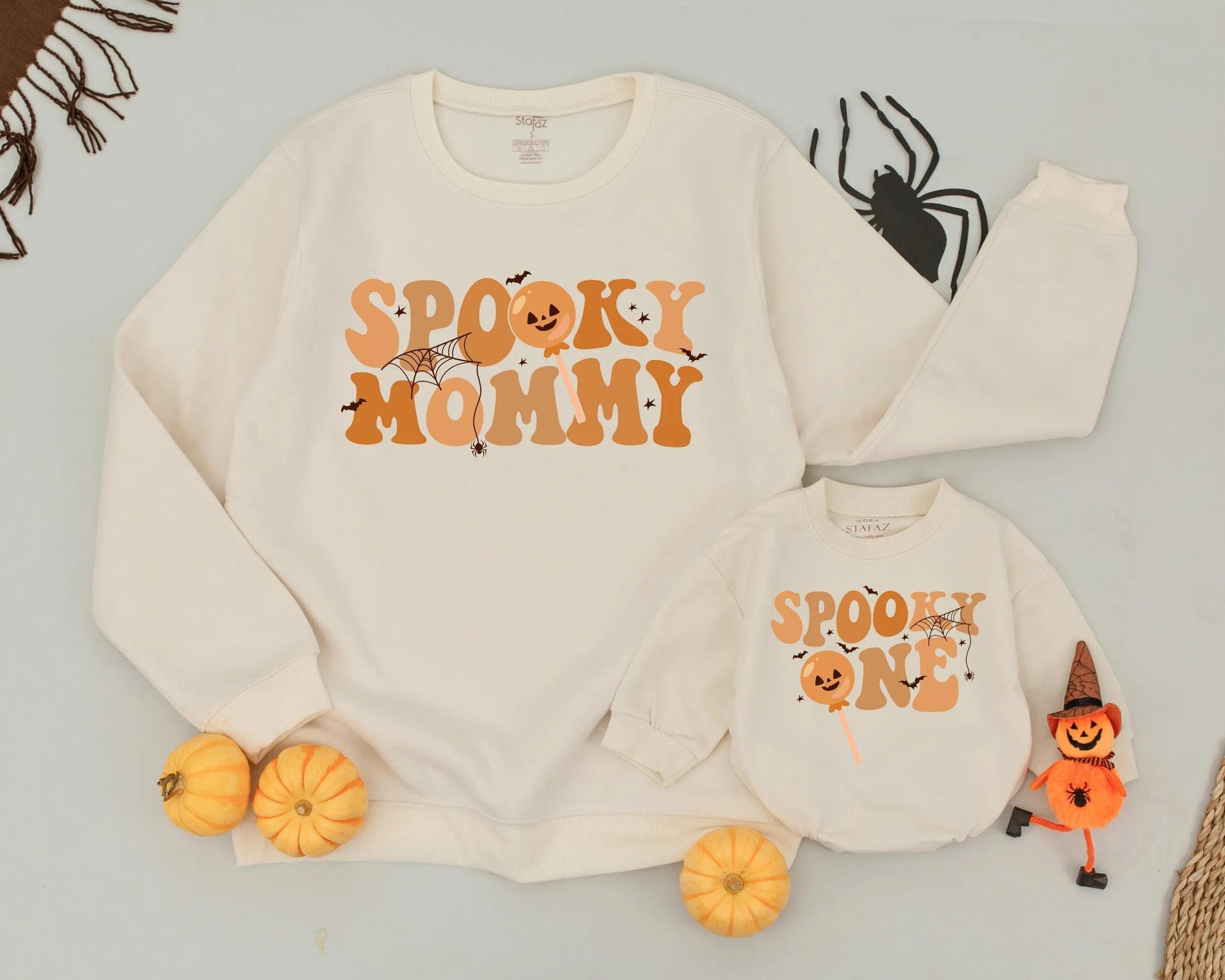 Spooky Mommy & Me Matching Sweatshirts Retro Halloween Outfits Pumpkin Lollipop Bats Stars First Halloween Gift Orange Comfy Family Costume 134c