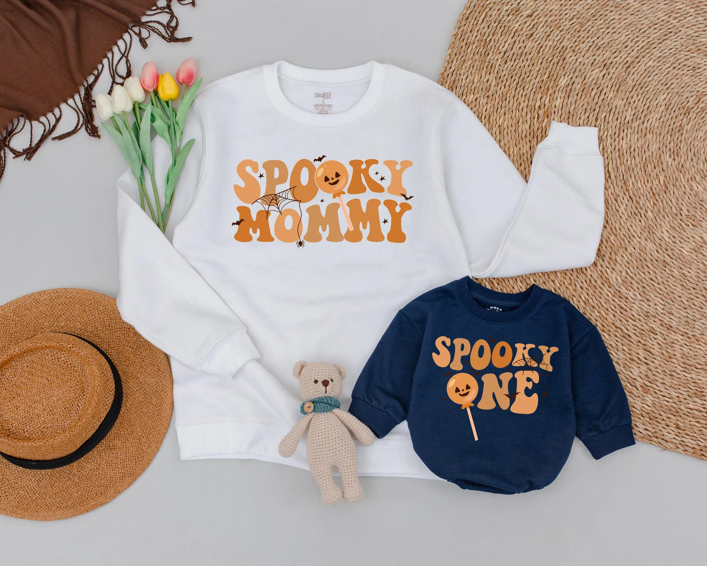 Spooky Mommy & Me Matching Sweatshirts Retro Halloween Outfits Pumpkin Lollipop Bats Stars First Halloween Gift Orange Comfy Family Costume 134c