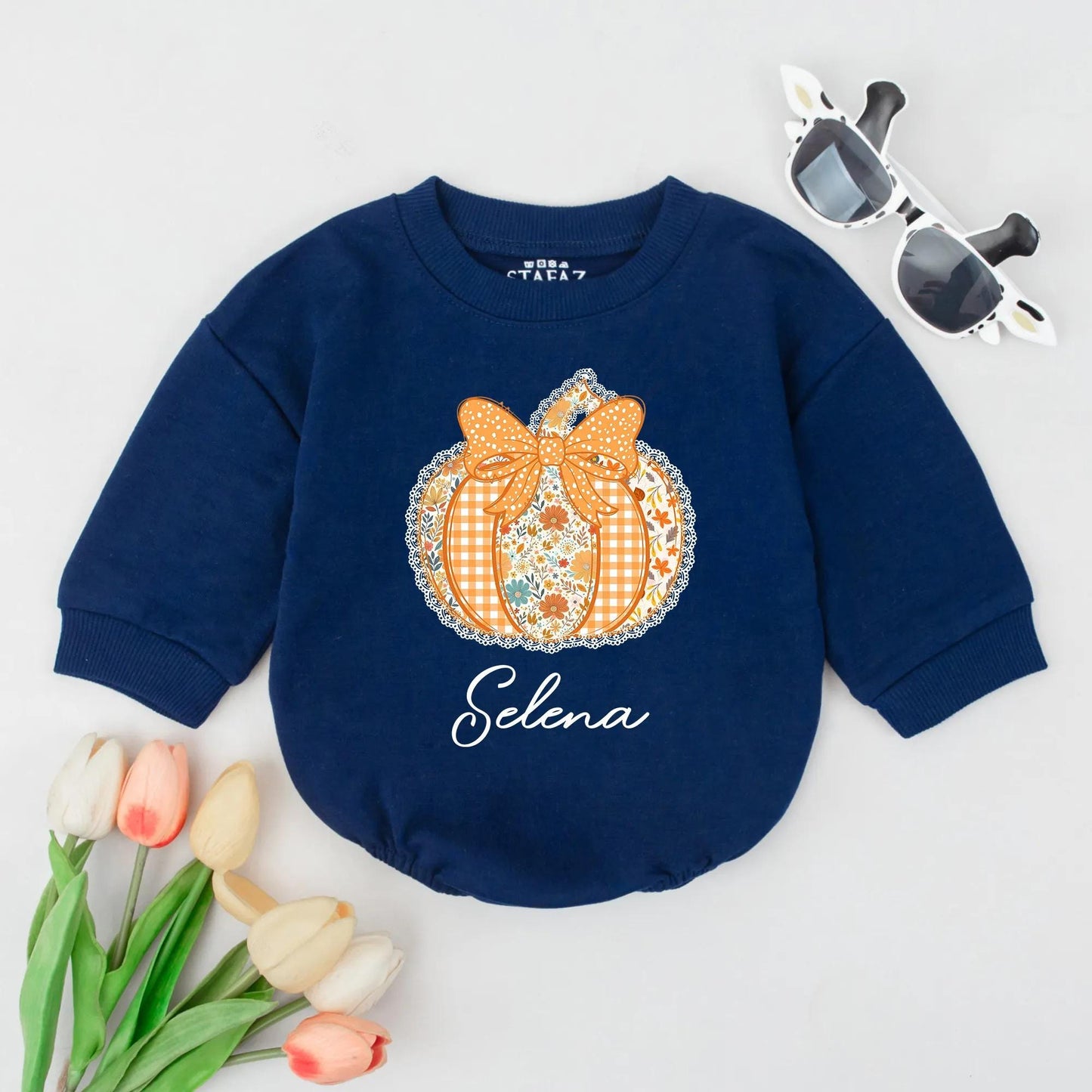 Custom Selena Pumpkin Romper, Gingham Floral Baby Bodysuit, First Thanksgiving Outfit, Autumn Baby Shower Gift, Festive Fall Baby Clothes (139 chars)