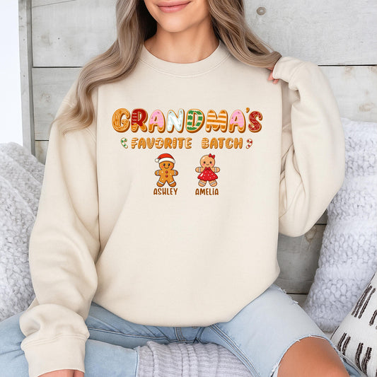 Personalized Grandma's Favorite Batch Gingerbread Christmas Sweatshirt with Grandkids Names Whimsical Holiday Sweater Gift