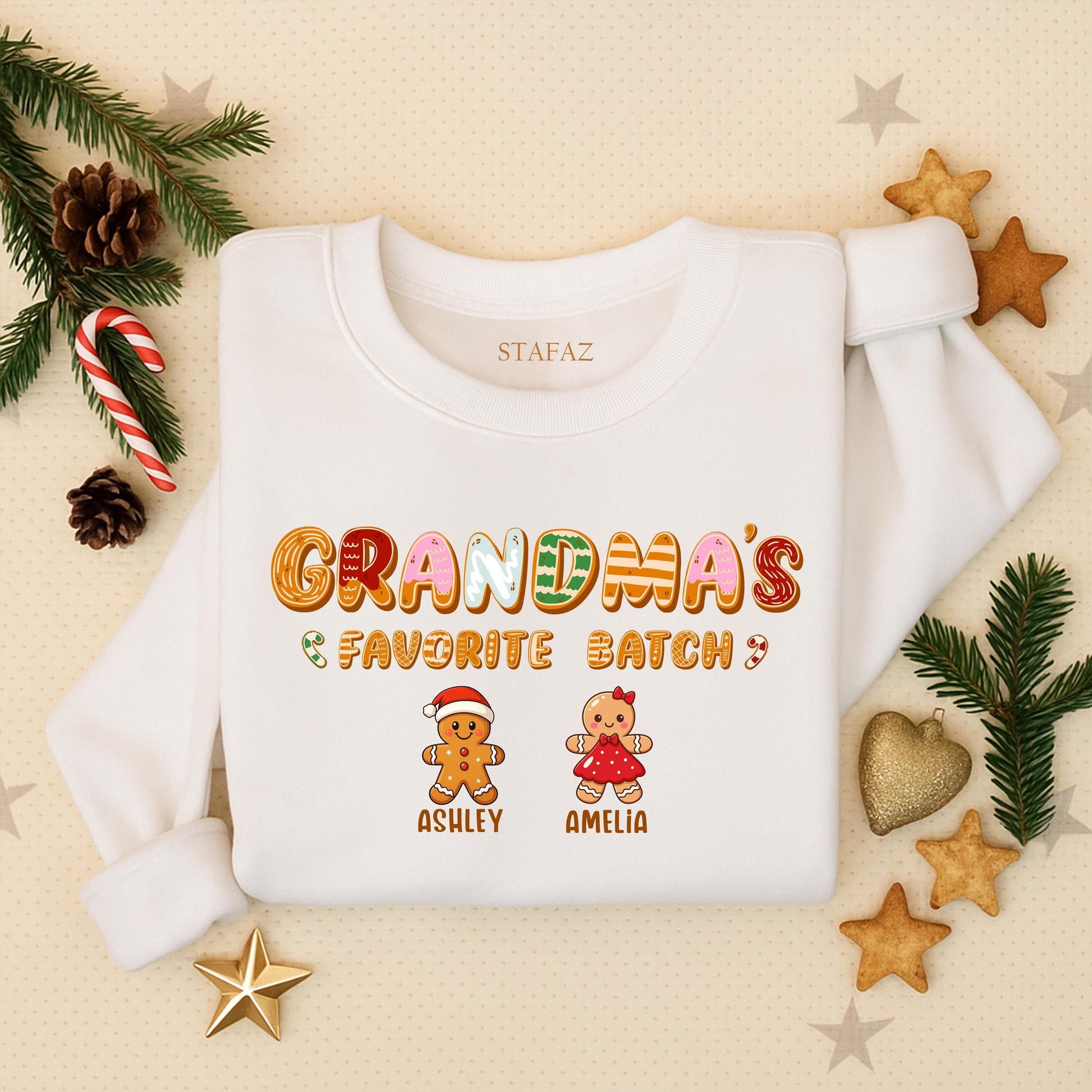 Personalized Grandma's Favorite Batch Gingerbread Christmas Sweatshirt with Grandkids Names Whimsical Holiday Sweater Gift