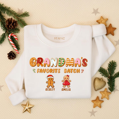 Personalized Grandma's Favorite Batch Gingerbread Christmas Sweatshirt with Grandkids Names Whimsical Holiday Sweater Gift