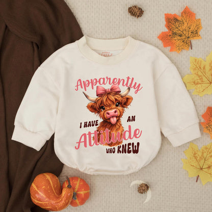 Cute Highland Cow Calf Romper "Apparently I Have An Attitude" Funny Baby Girl Clothes Outfit Western Newborn