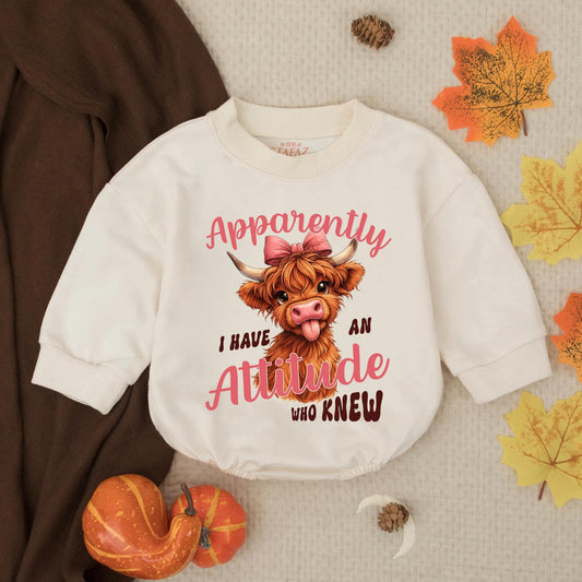 Cute Highland Cow Calf Romper "Apparently I Have An Attitude" Funny Baby Girl Clothes Outfit Western Newborn