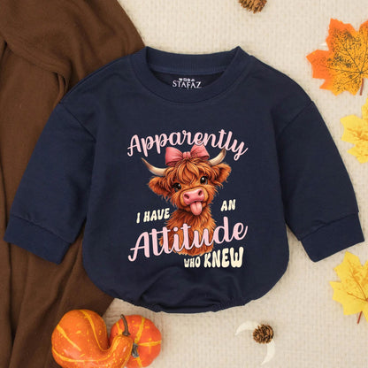 Cute Highland Cow Calf Romper "Apparently I Have An Attitude" Funny Baby Girl Clothes Outfit Western Newborn