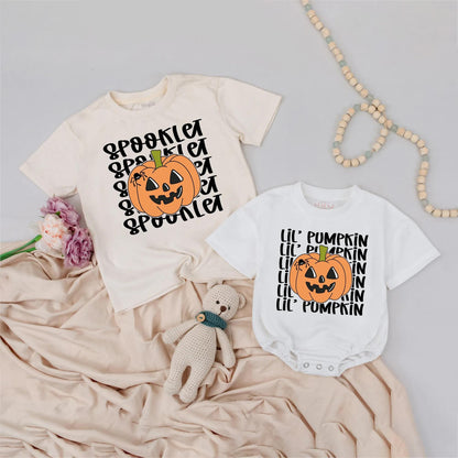 Spooklet & Lil' Pumpkin Matching Sibling Halloween Shirts, Personalized Toddler Outfit, Custom Birthday Party Tee, Spooky Fall Kids Clothes Gift Set 139 chars