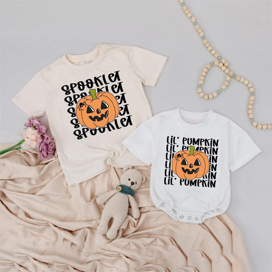 Spooklet & Lil' Pumpkin Matching Sibling Halloween Shirts, Personalized Toddler Outfit, Custom Birthday Party Tee, Spooky Fall Kids Clothes Gift Set 139 chars