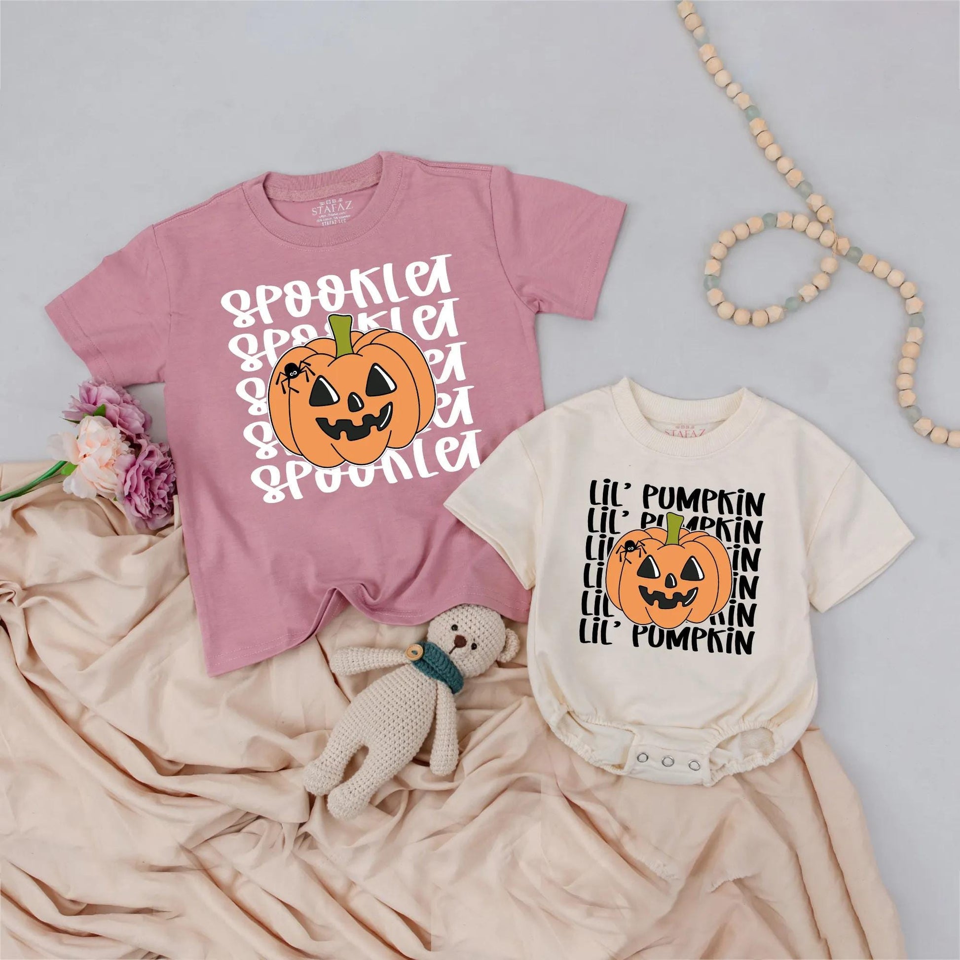 Spooklet & Lil' Pumpkin Matching Sibling Halloween Shirts, Personalized Toddler Outfit, Custom Birthday Party Tee, Spooky Fall Kids Clothes Gift Set 139 chars