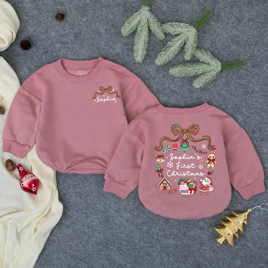 Personalized Sophia's First Christmas Romper: Baby Girl Holiday Outfit with Santa, Sleigh & Tree, Newborn Winter Clothes, Custom Keepsake, Red & Green