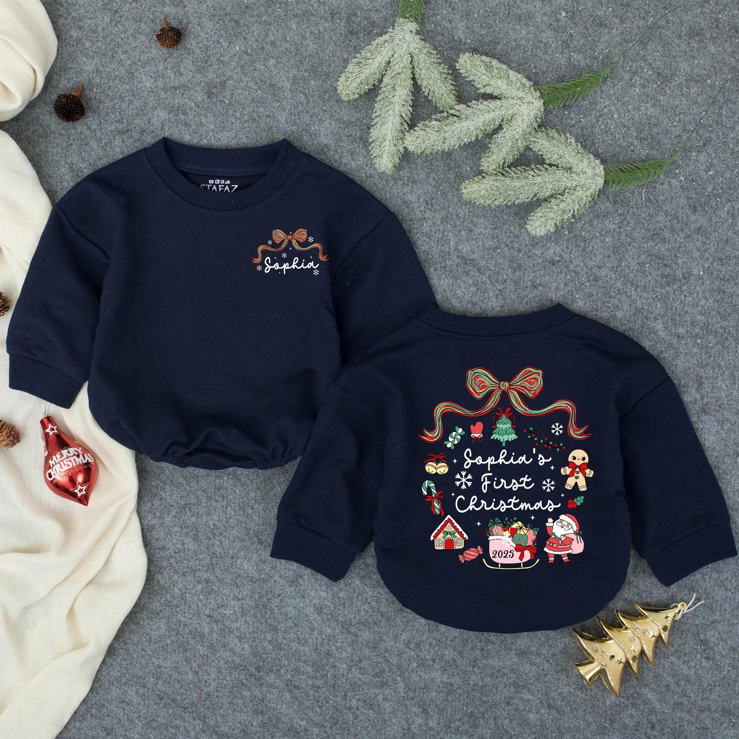 Personalized Sophia's First Christmas Romper: Baby Girl Holiday Outfit with Santa, Sleigh & Tree, Newborn Winter Clothes, Custom Keepsake, Red & Green