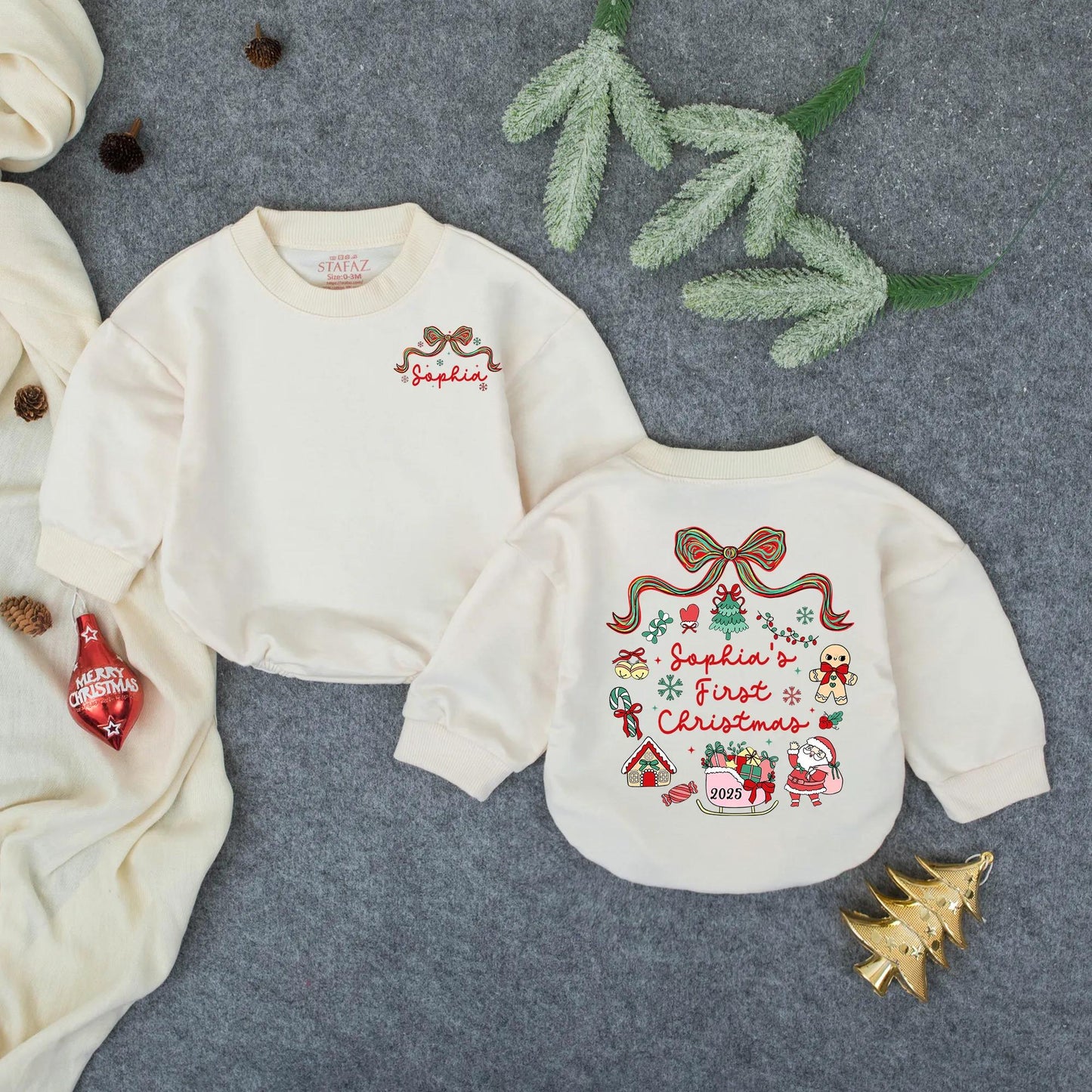 Personalized Sophia's First Christmas Romper: Baby Girl Holiday Outfit with Santa, Sleigh & Tree, Newborn Winter Clothes, Custom Keepsake, Red & Green