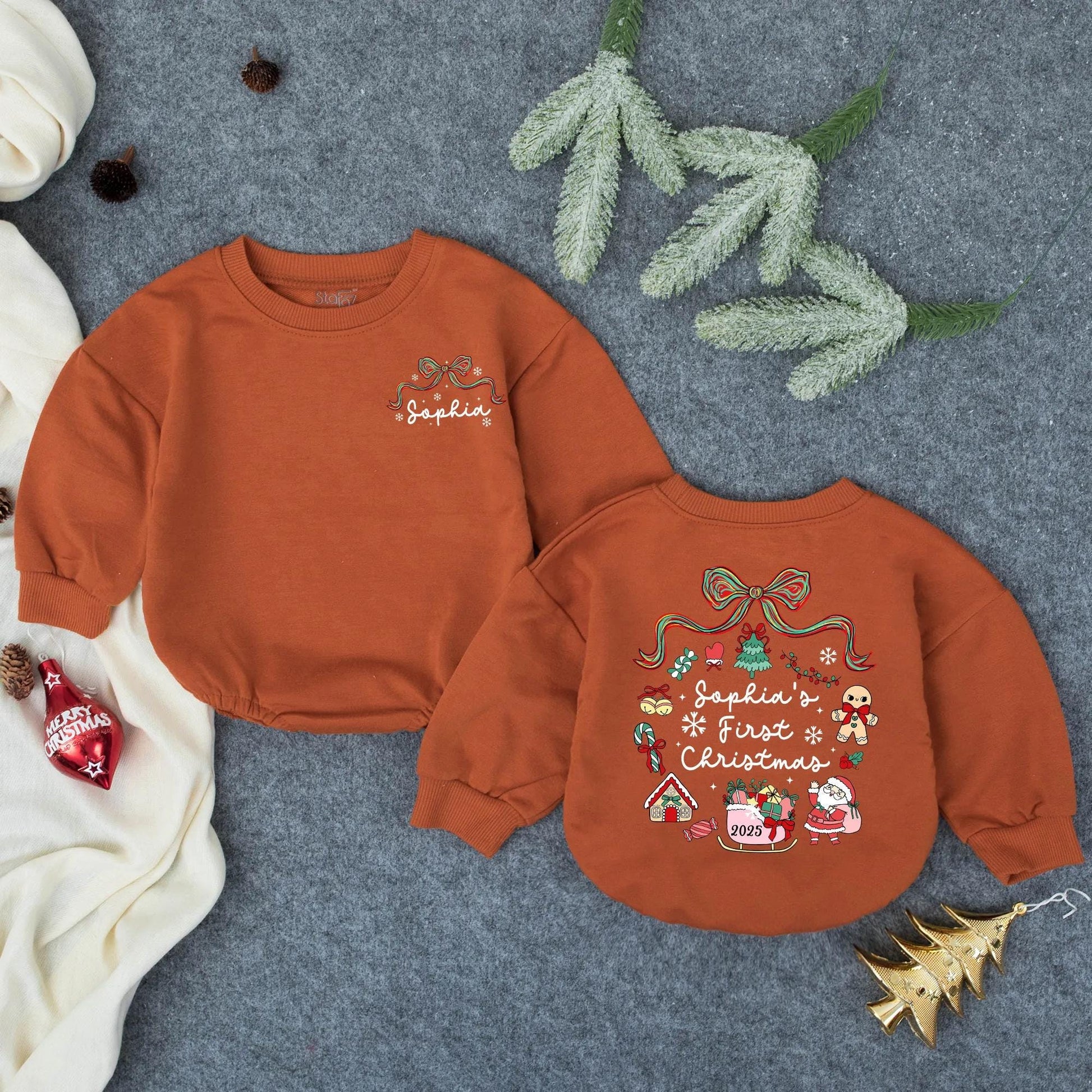 Personalized Sophia's First Christmas Romper: Baby Girl Holiday Outfit with Santa, Sleigh & Tree, Newborn Winter Clothes, Custom Keepsake, Red & Green