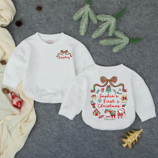 Personalized Sophia's First Christmas Romper: Baby Girl Holiday Outfit with Santa, Sleigh & Tree, Newborn Winter Clothes, Custom Keepsake, Red & Green