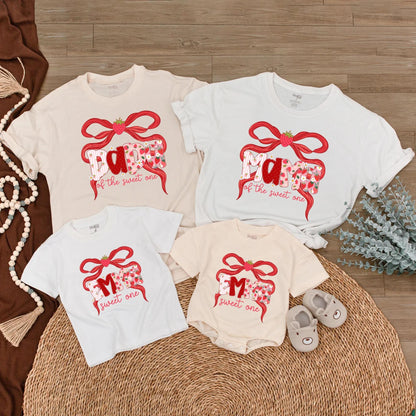 Sweet One Strawberry Birthday Family Shirts: Matching Red Ribbon Berry First Birthday Outfit for Mom, Dad, Emma & Baby. Whimsical Celebration, Cotton Soft (137)