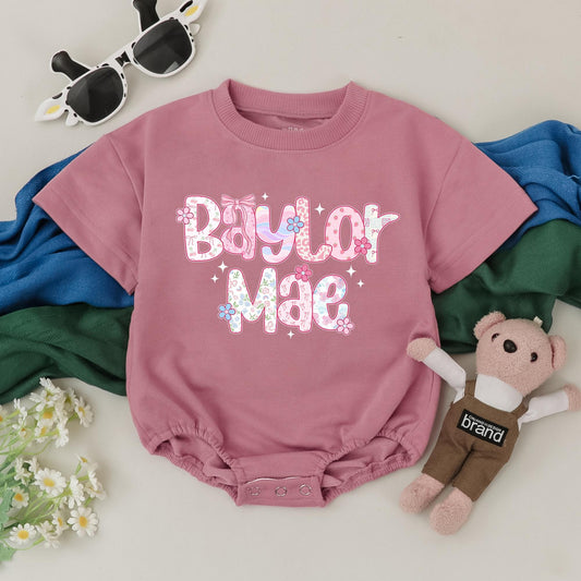 Personalized Baylor Mae Baby Romper, Whimsical Floral Bodysuit, Custom Name Outfit for First Birthday Girl, Cheerful Baby Shower Gift Idea (135 chars)