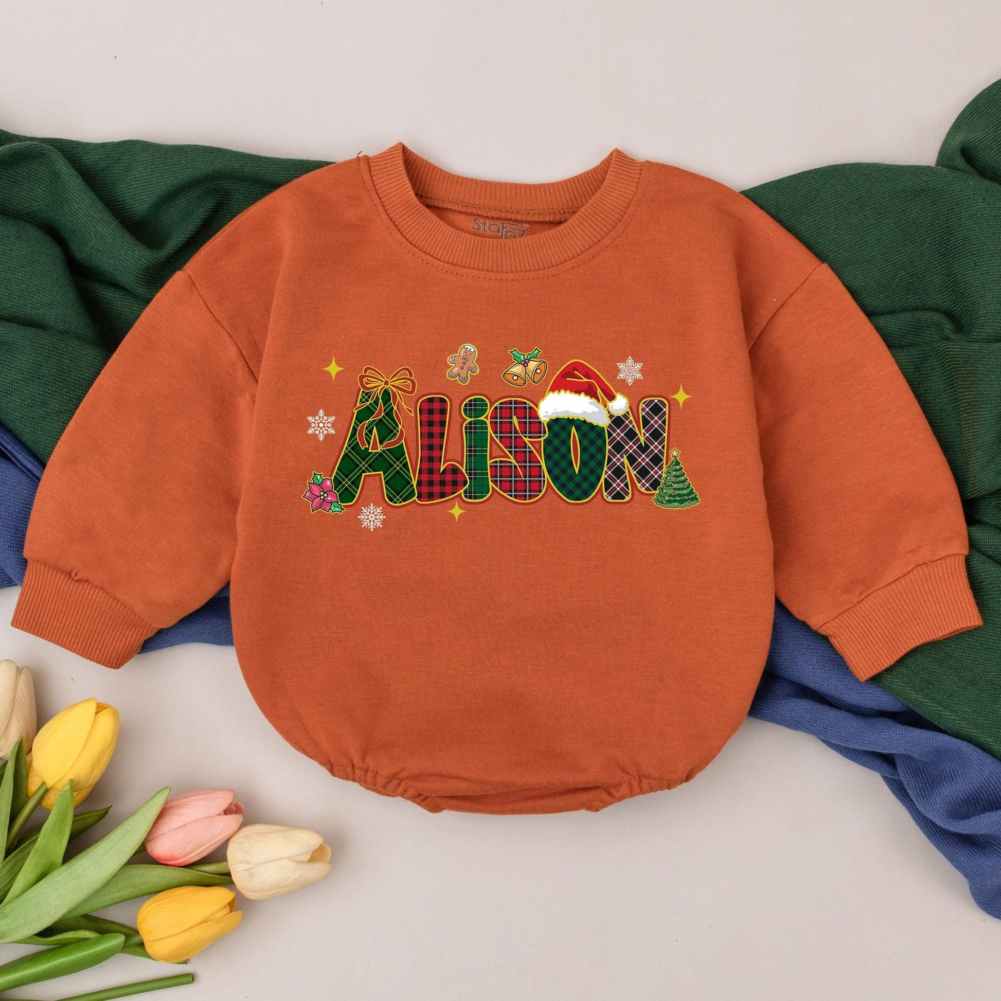Personalized Plaid Name Christmas Baby Romper Festive Santa Hat Gingerbread Winter Outfit Baby Xmas Clothes Newborn Shower Gift First Christmas Girl