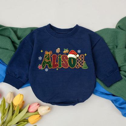 Personalized Plaid Name Christmas Baby Romper Festive Santa Hat Gingerbread Winter Outfit Baby Xmas Clothes Newborn Shower Gift First Christmas Girl