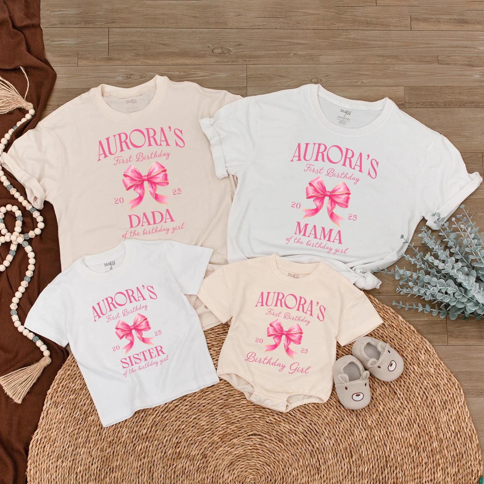 Aurora's First Birthday Matching Family Shirts, Cute Pink Bow Outfit, Birthday Girl Tee,  2025 Celebration, Personalized Family Birthday,  Party (139 chars)