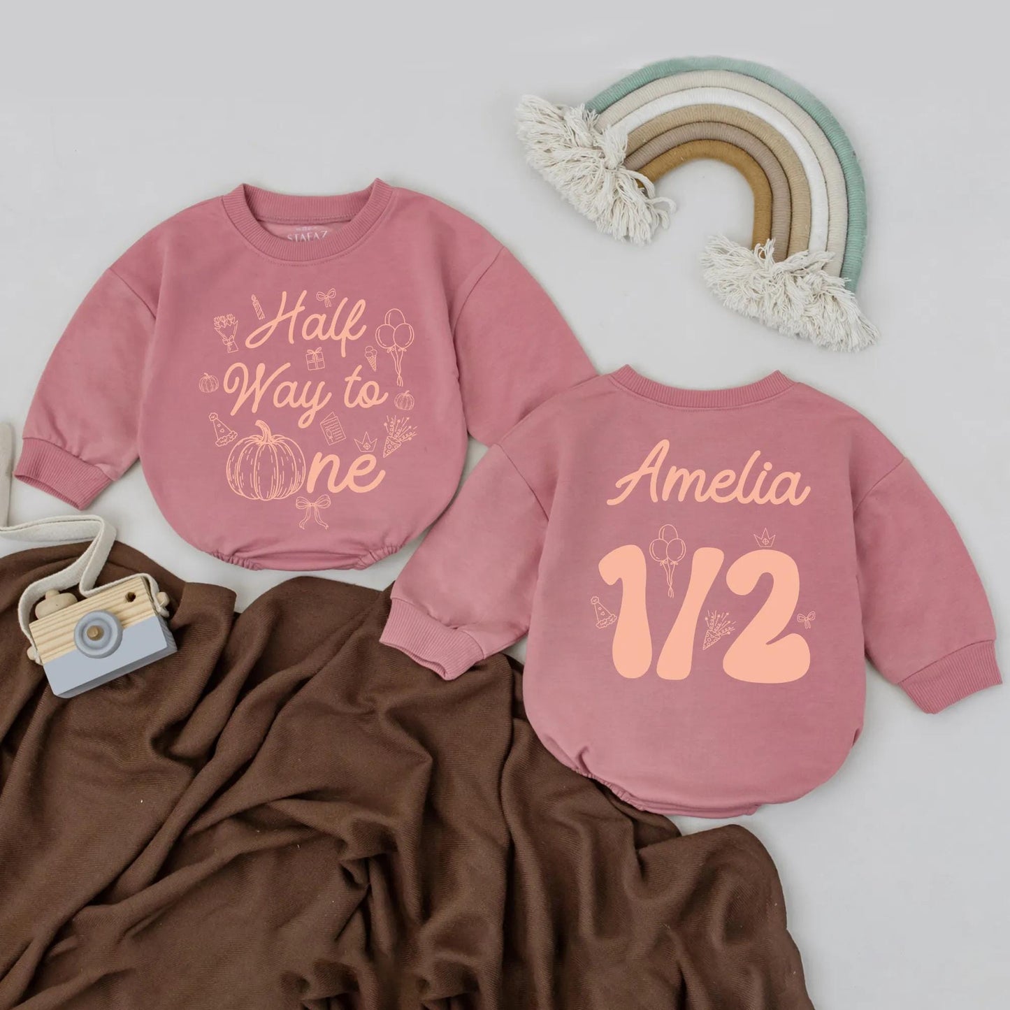 Personalized Half Way to One Pumpkin Bubble Romper with warm orange fall graphics festive half birthday celebration outfit for baby girl boy