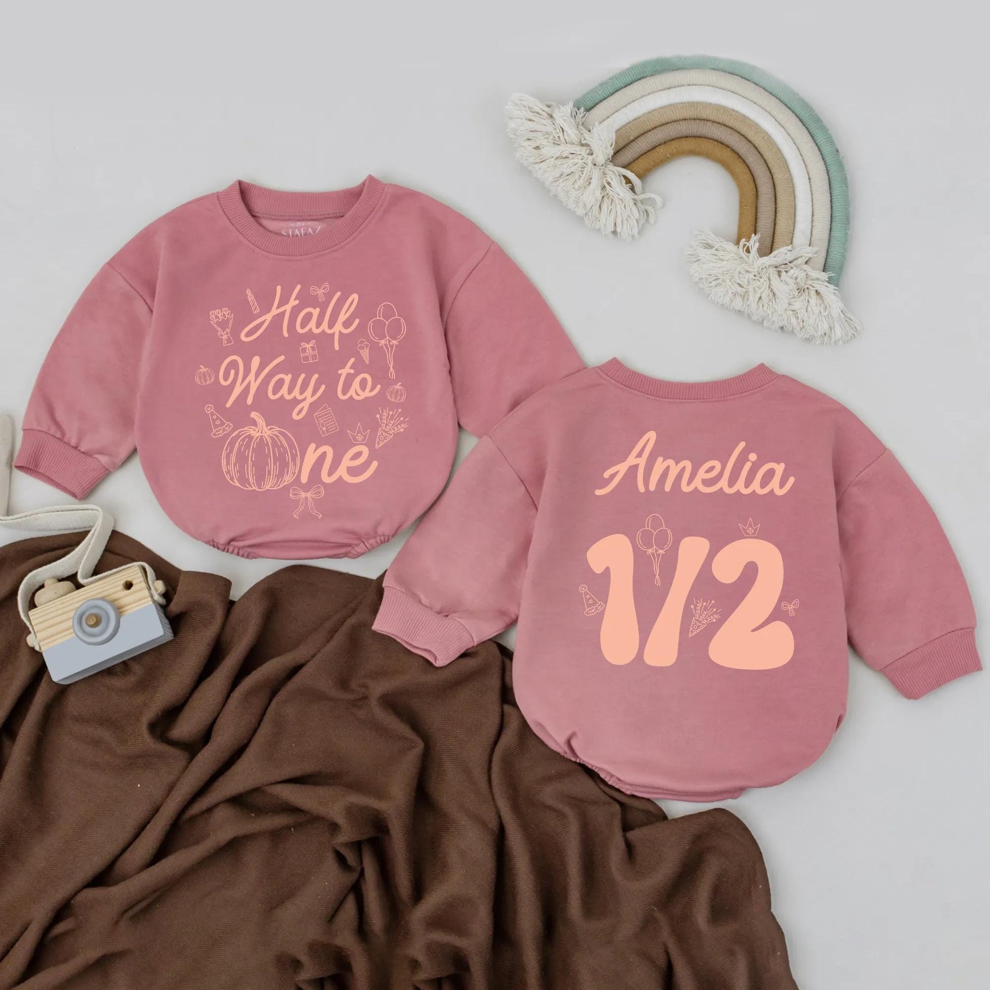 Personalized Half Way to One Pumpkin Bubble Romper with warm orange fall graphics festive half birthday celebration outfit for baby girl boy