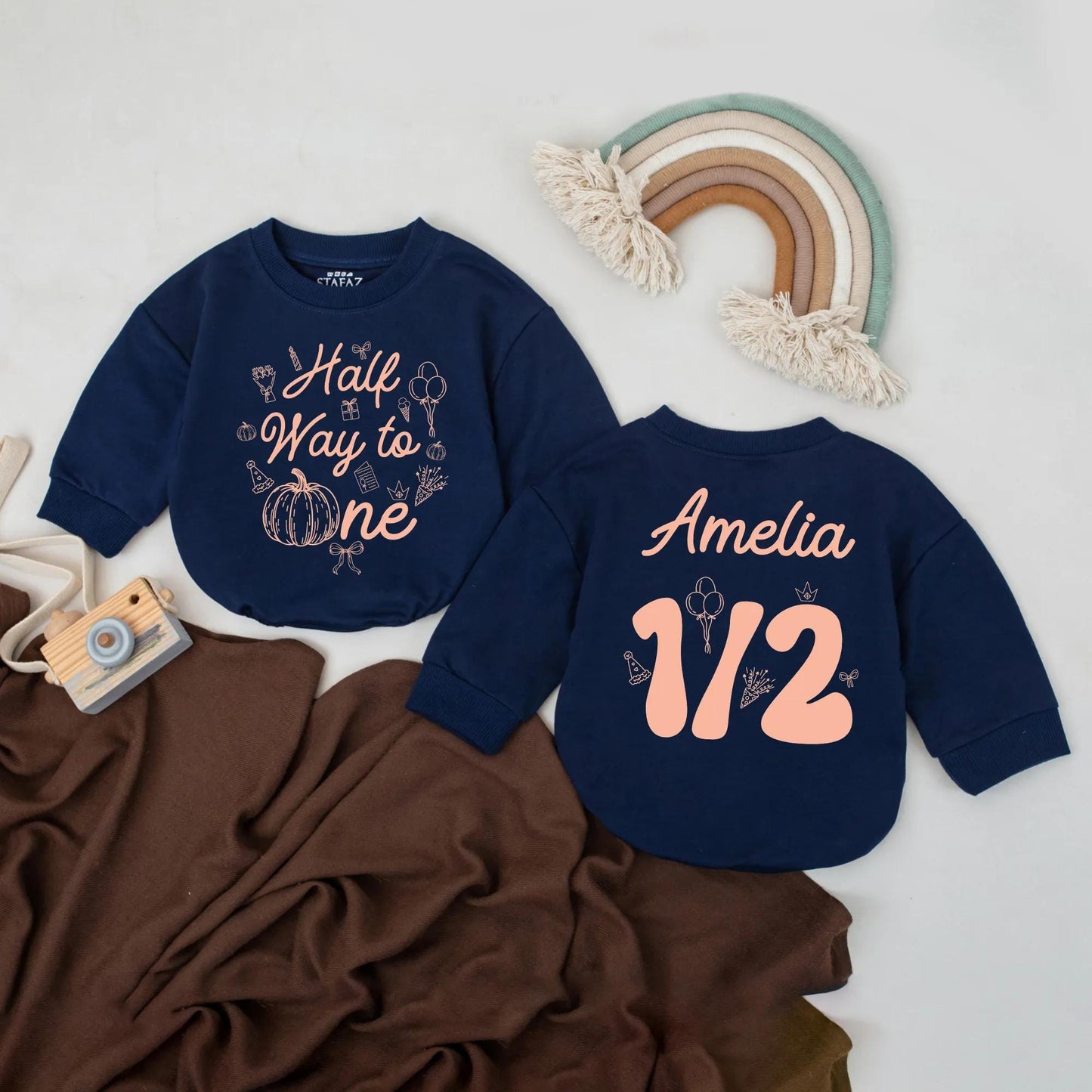 Personalized Half Way to One Pumpkin Bubble Romper with warm orange fall graphics festive half birthday celebration outfit for baby girl boy