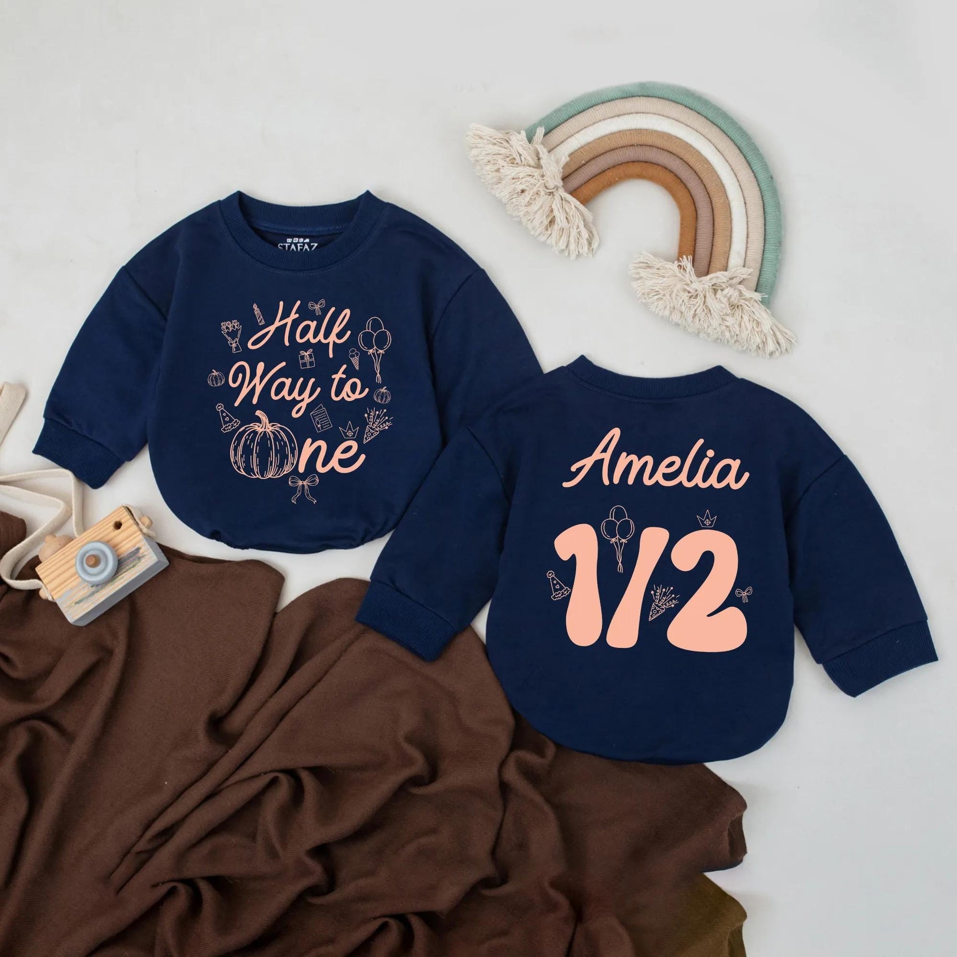 Personalized Half Way to One Pumpkin Bubble Romper with warm orange fall graphics festive half birthday celebration outfit for baby girl boy
