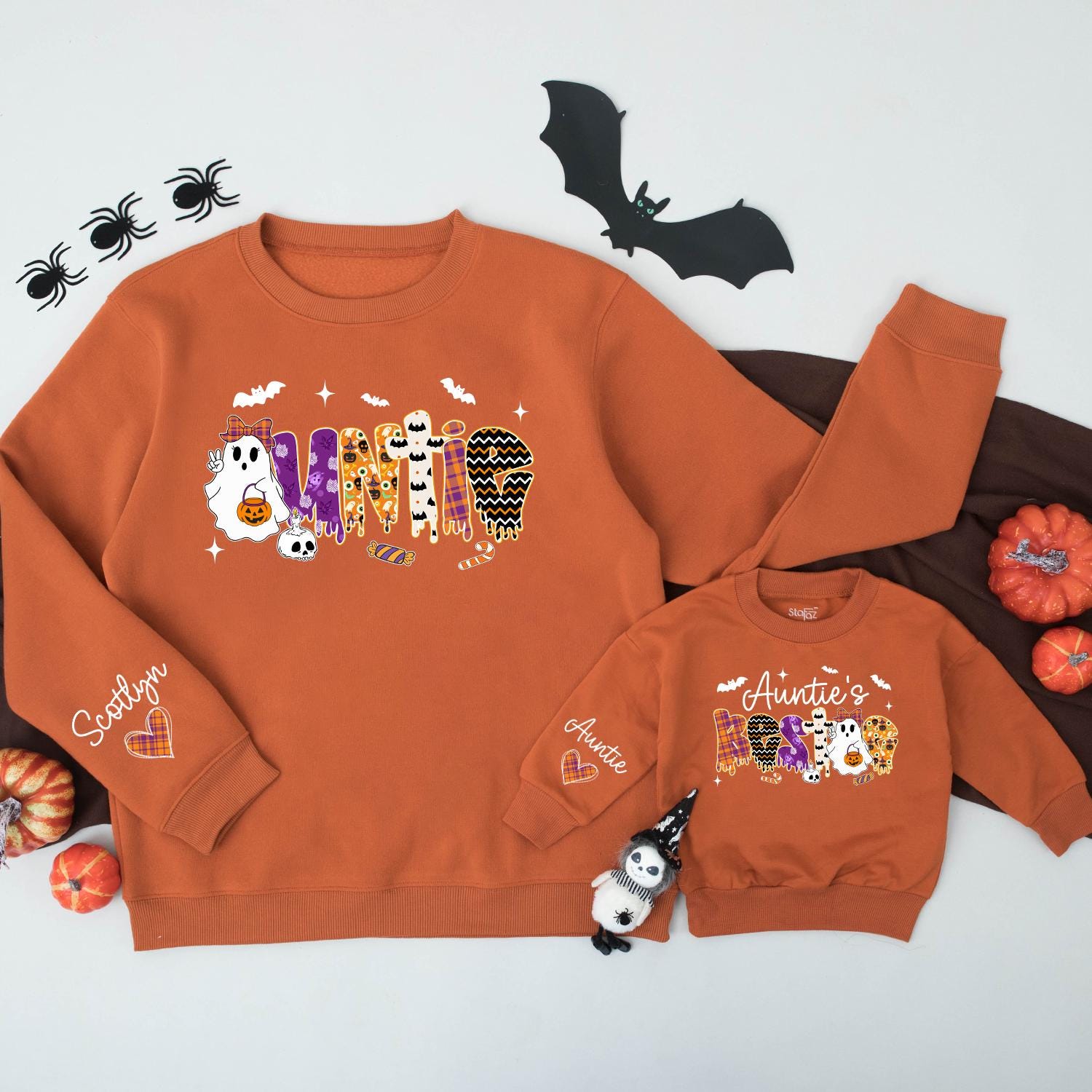 Spooky Bestie & Auntie Halloween Sweatshirts: Matching Cute Ghost & Pumpkin Outfits, Personalized Name Sweaters for Niece, Nephew, Custom Halloween Gift