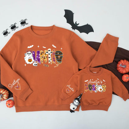 Spooky Bestie & Auntie Halloween Sweatshirts: Matching Cute Ghost & Pumpkin Outfits, Personalized Name Sweaters for Niece, Nephew, Custom Halloween Gift