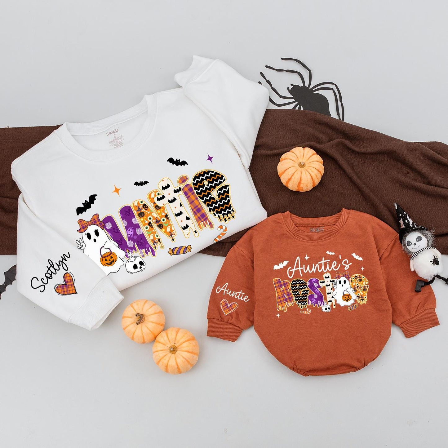 Spooky Bestie & Auntie Halloween Sweatshirts: Matching Cute Ghost & Pumpkin Outfits, Personalized Name Sweaters for Niece, Nephew, Custom Halloween Gift