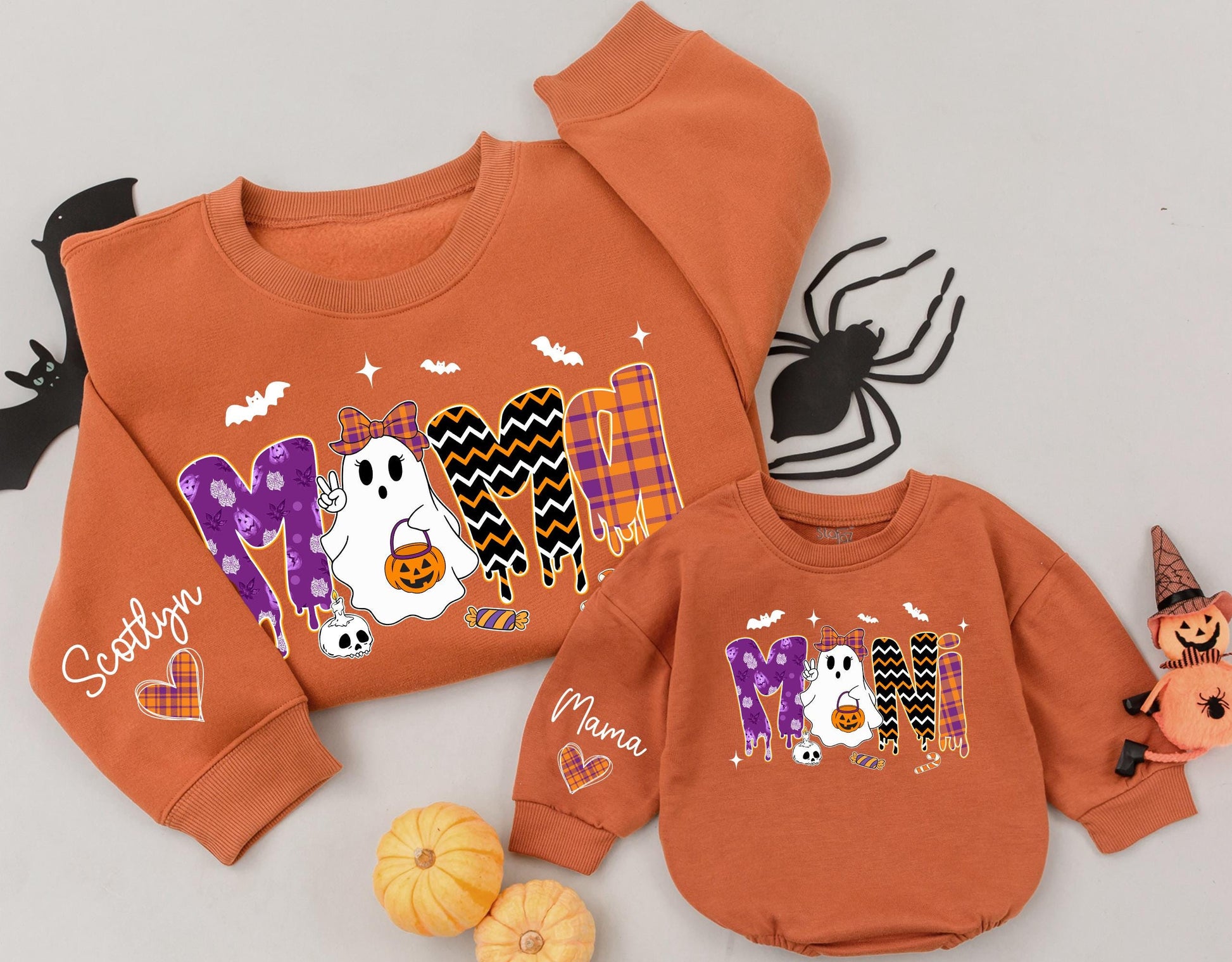 Vintage Halloween Mama and Mini Sweatshirts Cute Ghost Jack-o'-lantern Orange Purple Plaid Zigzag Patterns Matching Family Outfit
