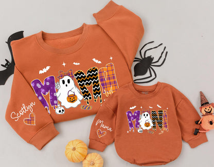 Vintage Halloween Mama and Mini Sweatshirts Cute Ghost Jack-o'-lantern Orange Purple Plaid Zigzag Patterns Matching Family Outfit