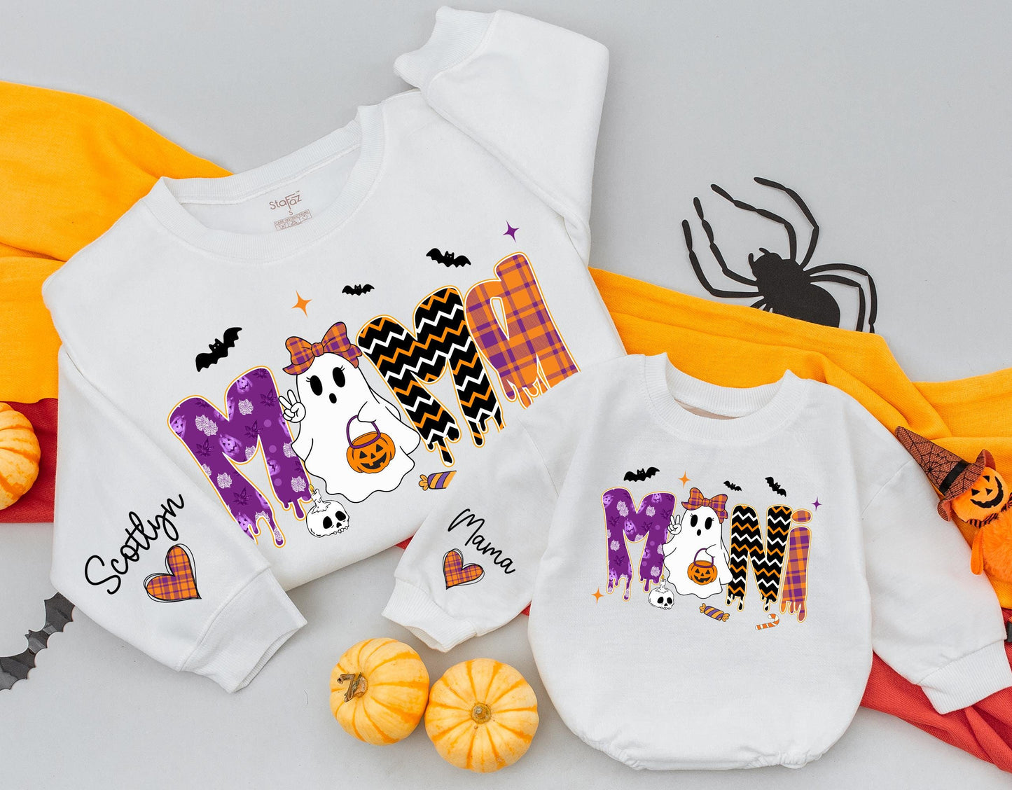 Vintage Halloween Mama and Mini Sweatshirts Cute Ghost Jack-o'-lantern Orange Purple Plaid Zigzag Patterns Matching Family Outfit