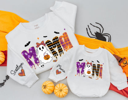 Vintage Halloween Mama and Mini Sweatshirts Cute Ghost Jack-o'-lantern Orange Purple Plaid Zigzag Patterns Matching Family Outfit
