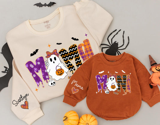 Vintage Halloween Mama and Mini Sweatshirts Cute Ghost Jack-o'-lantern Orange Purple Plaid Zigzag Patterns Matching Family Outfit