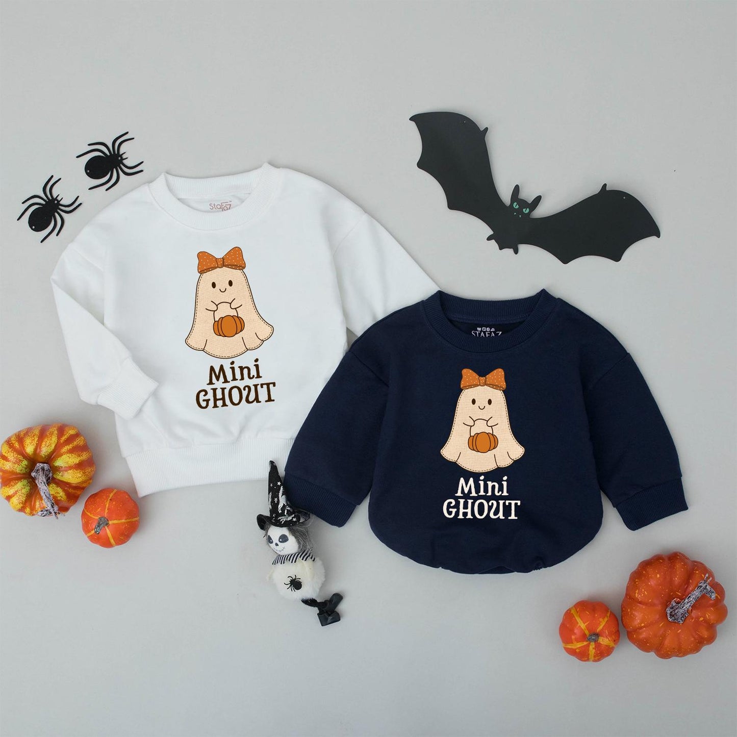 Retro Ghost Mama & Mini Ghoul Matching Halloween Sweatshirts Plaid Patchwork Outfits Cute Family Fall Sweaters Spooky Season Mommy and Me Gift Sets