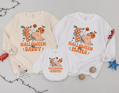 Personalized 1st Halloween Matching Mommy & Me Sweatshirts Spooky Retro Pumpkin Season Groovy Fall Family Outfits with Cute Ghosts and Webs