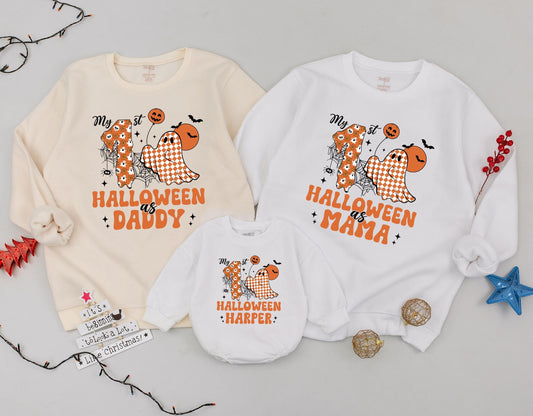 Personalized 1st Halloween Matching Mommy & Me Sweatshirts Spooky Retro Pumpkin Season Groovy Fall Family Outfits with Cute Ghosts and Webs