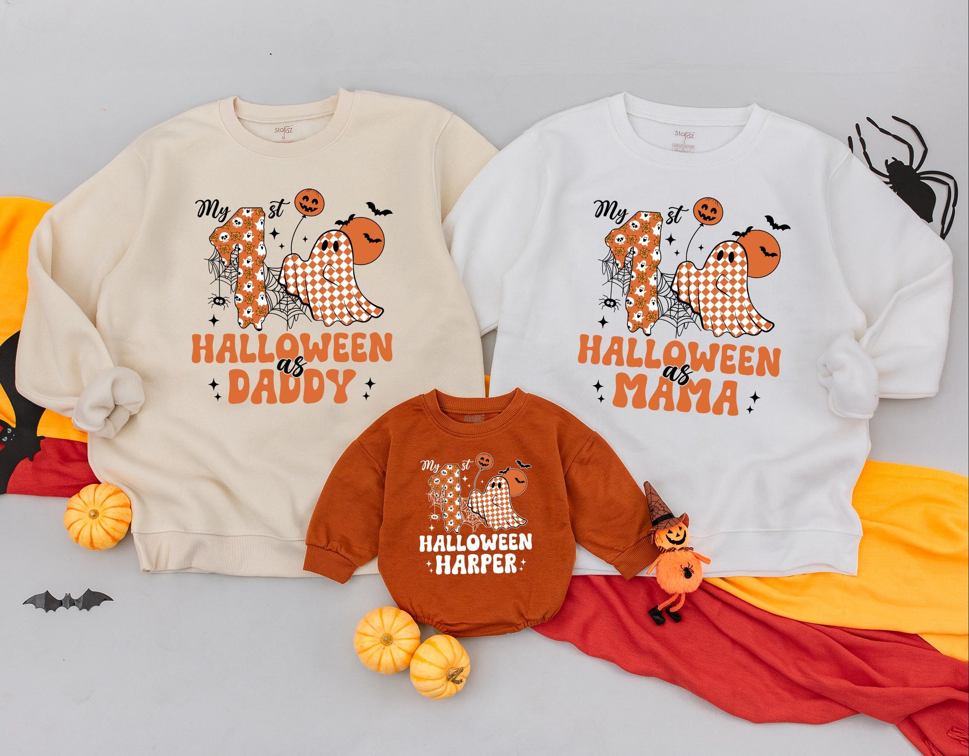Personalized 1st Halloween Matching Mommy & Me Sweatshirts Spooky Retro Pumpkin Season Groovy Fall Family Outfits with Cute Ghosts and Webs
