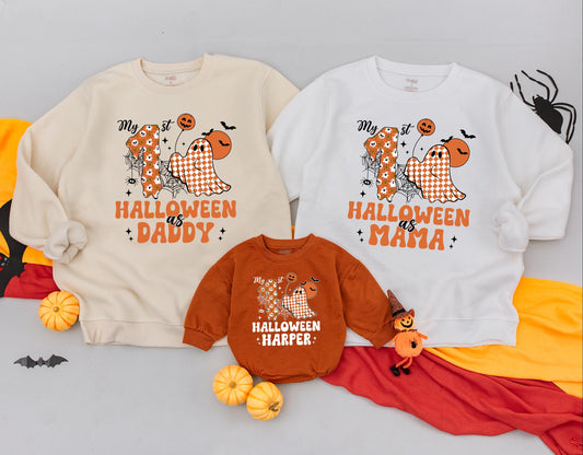 Personalized 1st Halloween Matching Mommy & Me Sweatshirts Spooky Retro Pumpkin Season Groovy Fall Family Outfits with Cute Ghosts and Webs