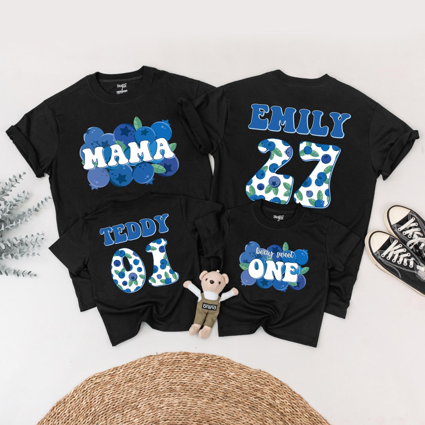 Family Blueberry Birthday Shirts Mama Emily Teddy One Berry Sweet First Birthday Matching Outfits Retro Blue Green Theme