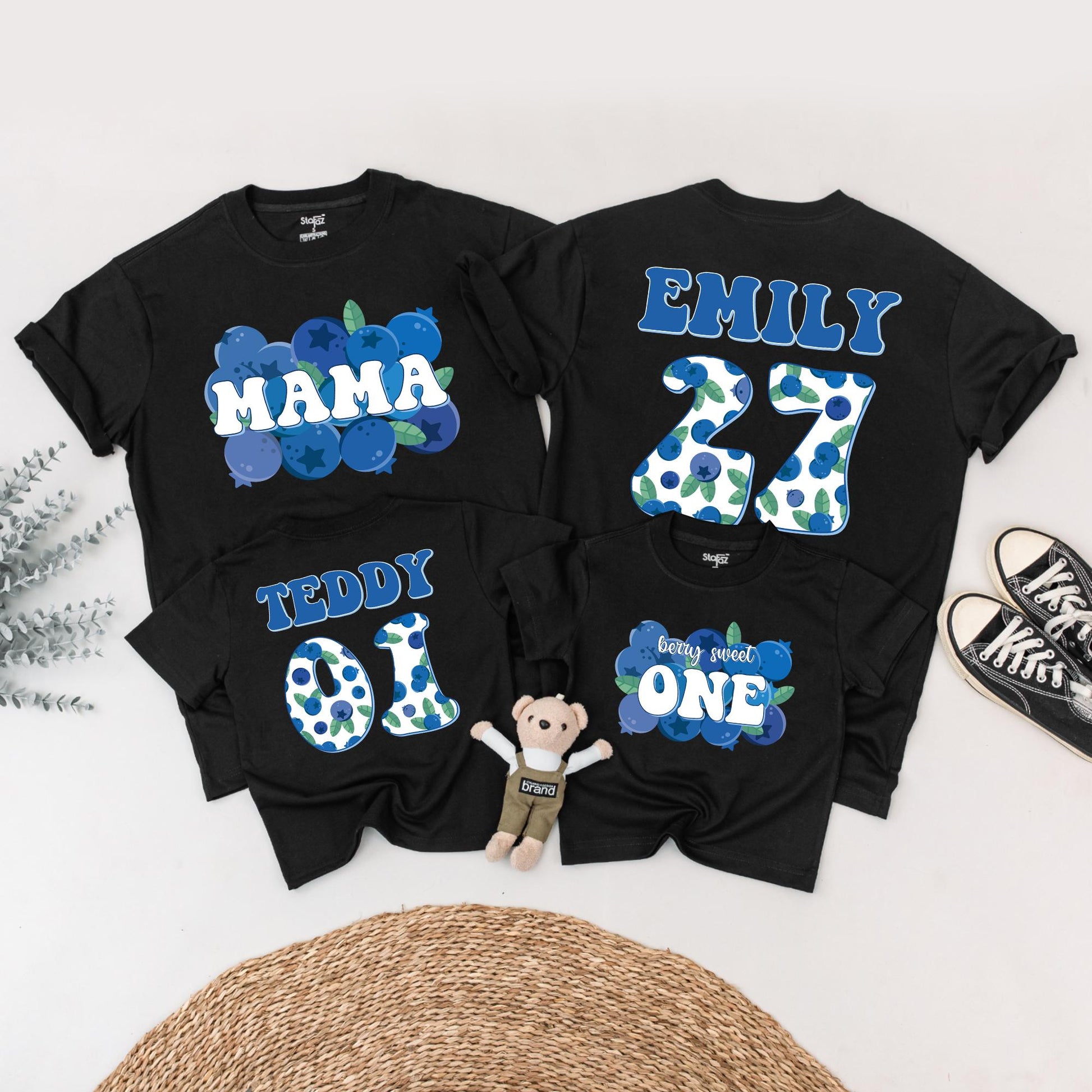 Family Blueberry Birthday Shirts Mama Emily Teddy One Berry Sweet First Birthday Matching Outfits Retro Blue Green Theme