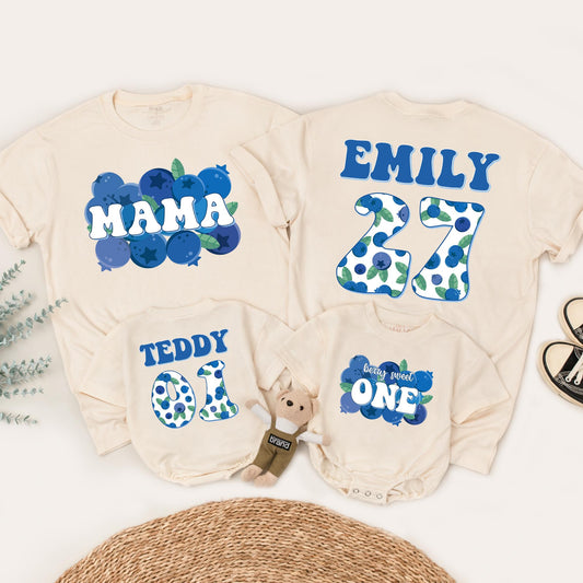 Family Blueberry Birthday Shirts Mama Emily Teddy One Berry Sweet First Birthday Matching Outfits Retro Blue Green Theme