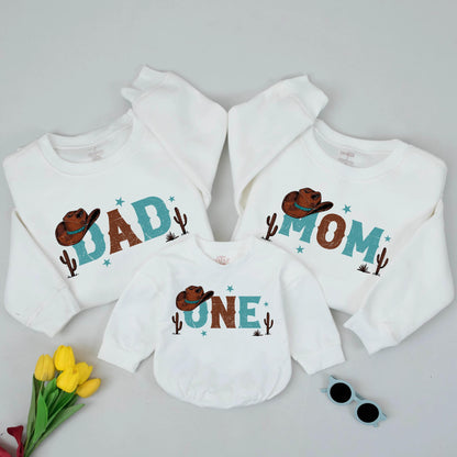 Matching First Rodeo Family Birthday Sweatshirts, Cowboy Theme Outfit for Mom, Dad, & One Year Old, Distressed Western Design