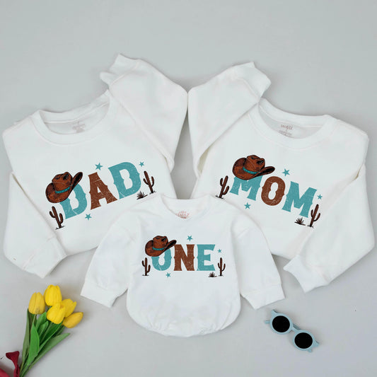 Matching First Rodeo Family Birthday Sweatshirts, Cowboy Theme Outfit for Mom, Dad, & One Year Old, Distressed Western Design