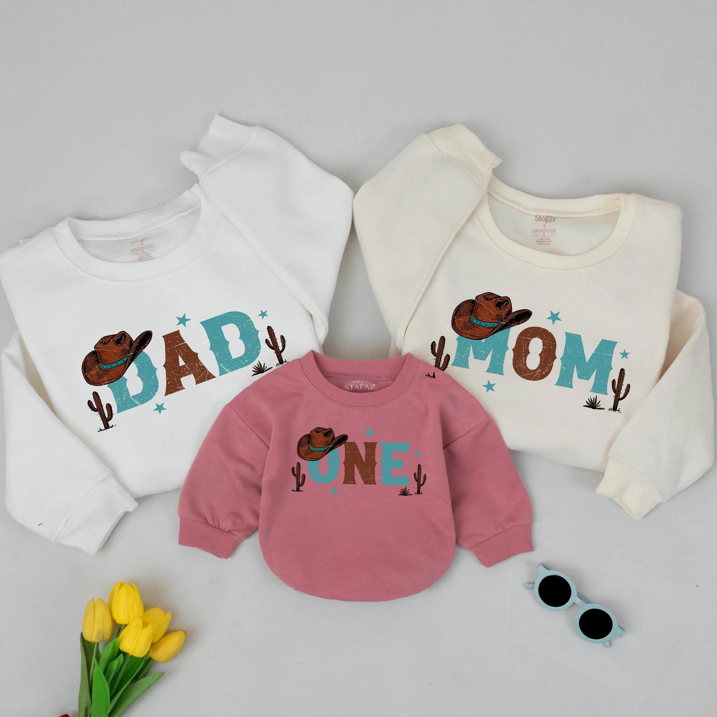Matching First Rodeo Family Birthday Sweatshirts, Cowboy Theme Outfit for Mom, Dad, & One Year Old, Distressed Western Design