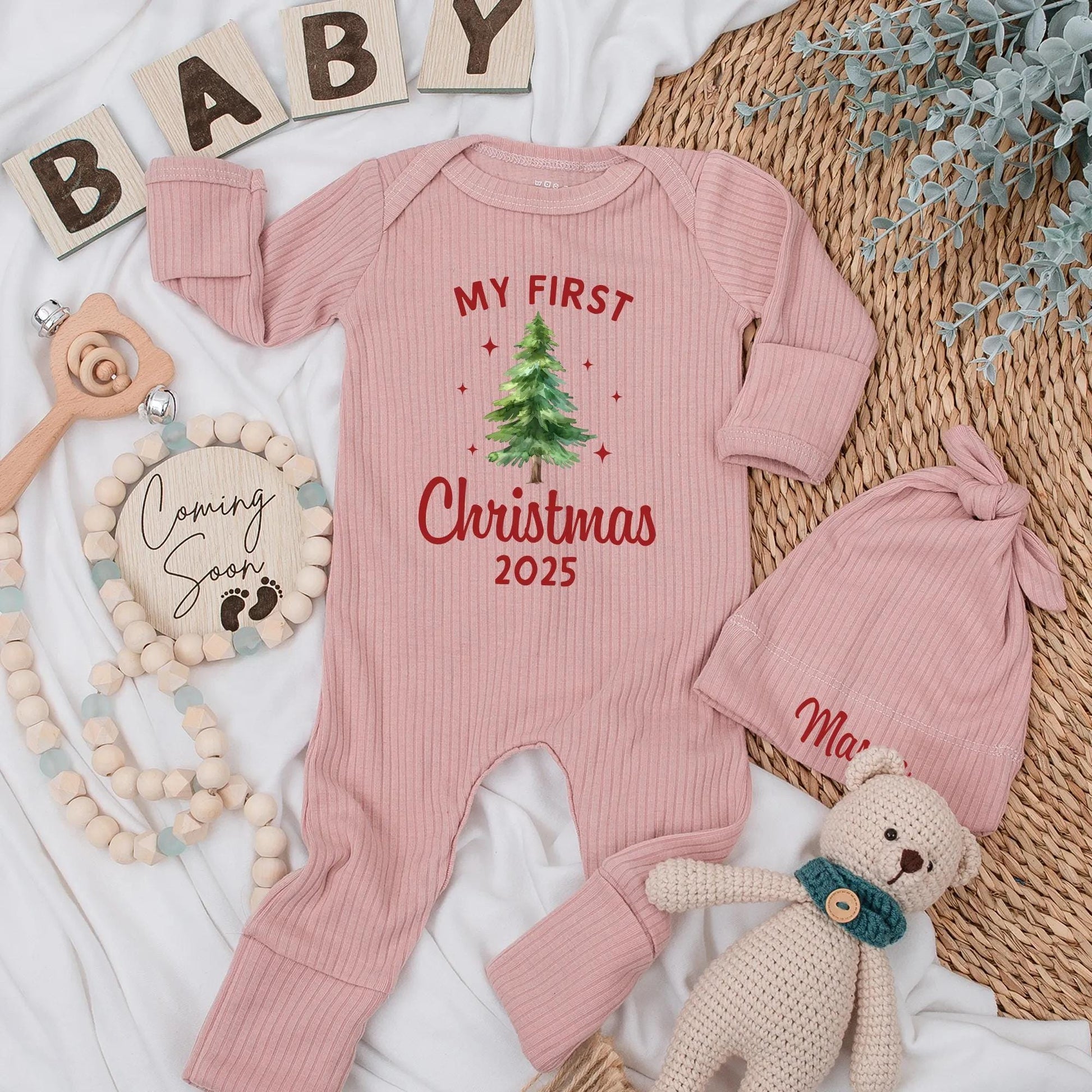 My First Christmas 2025 Baby Bodysuit, Cute Xmas Tree Design, Red "MY FIRST" & Year Print, Newborn Xmas Gift, Gender Neutral